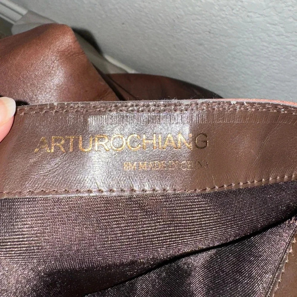 Arturo Chiang WomenTall Riding Boots Pull-On Brown Leather Distressed Side Zip 8 - Picture 9 of 12